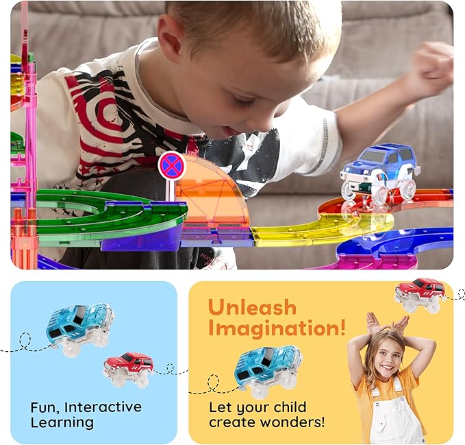 PicassoTiles 100 Pcs Race Track Magnetic Tiles Building Set LED Cars Truck Included with Adjustable Roads and Signs Multicolored STEM Toy Kit Construction Educational for Boys & Girls Ages 3+ PTR100