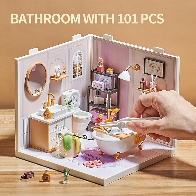DIY Miniature Bathroom Kit with 101Pcs, 1:24 Scale Dollhouse Furniture with LED Light, Realistic Accessories & Connectable Base for Adults & Kids 8+