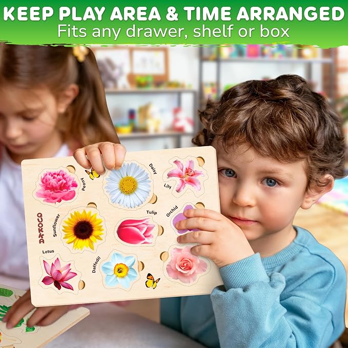QUOKKA Wooden Puzzles for Toddlers 2-4 – 3X Set Montessori Toys Puzzles for Kids Ages 3-5 – Wood Educational Baby Game 12-18 Months – Gift Learning Mushrooms Flowers Leaves for Boy and Girl 3-5