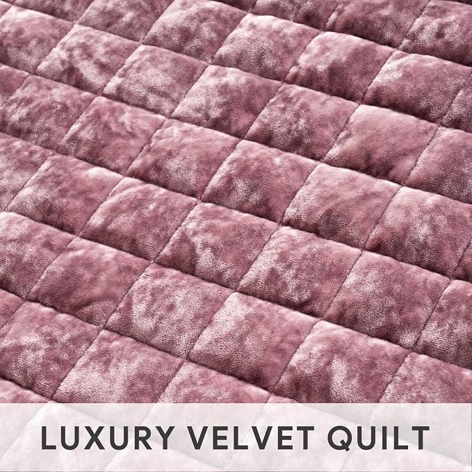 RECYCO Luxury Velvet Quilt Set King Size, Lightweight Velvet Comforter Set, Oversized Bedspread Coverlet Quilted Bedding Set, with 2 Matching Pillow Shams, for All Season, Dusty Mauve Pink