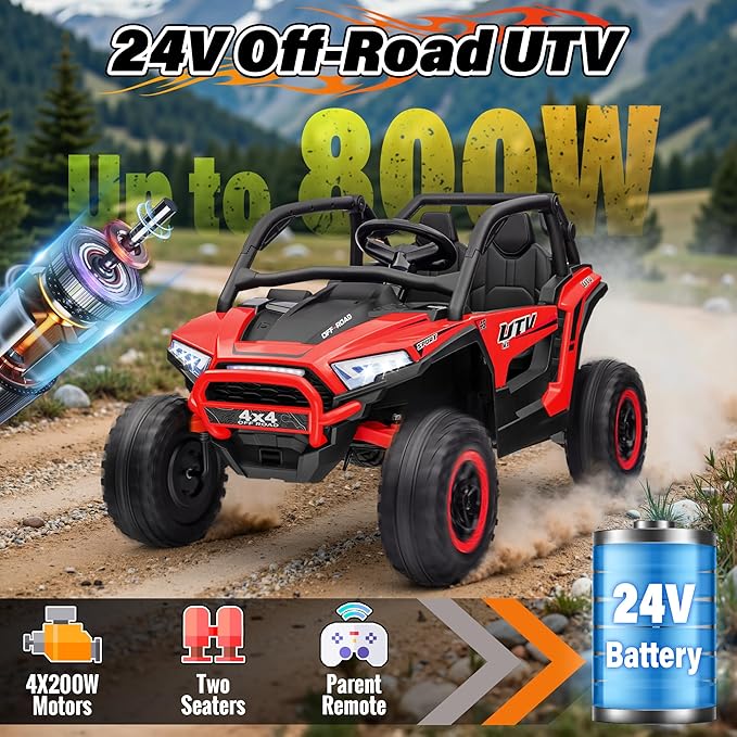 24V Ride on Car, 2 Seater XL 4X4 Off-Road UTV w/RMP2000W Powerful Motors, Remote Control, Bluetooth Music, LED Lights, 24 Volt Ride on Toys for Big Kids, Red