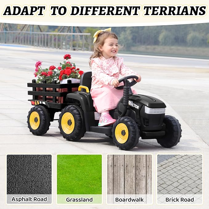 TOBBI Kids Electric Ride On Toy Tractor, Toddlers 12V Battery-Powered Car to Drive, 35W Dual Motor 6-Wheels Trailer Vehicle with 3-Speeds/LED & Horn Functions for Chirdren Aged 3-8-Black