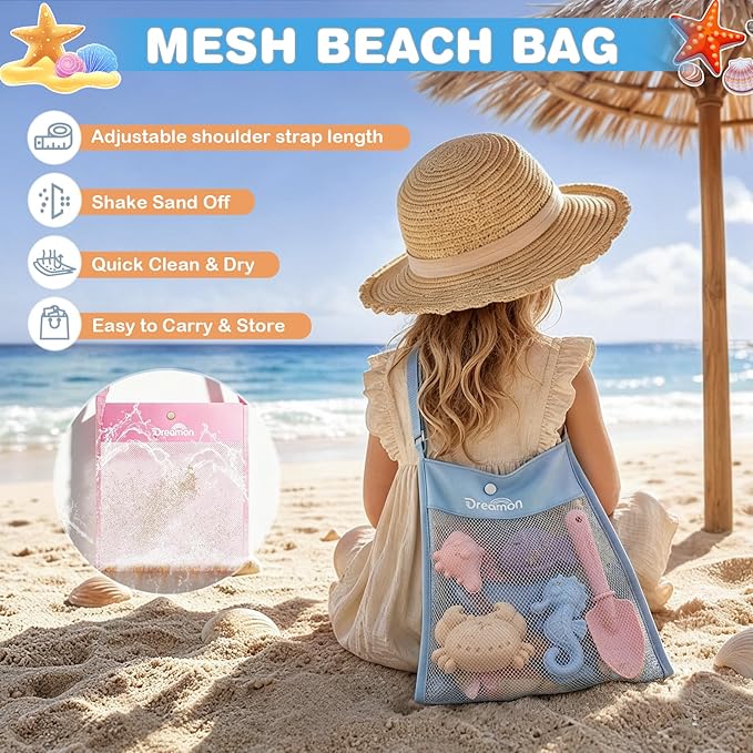 Beach Sand Toys Mesh Shovel Set for Kids, 3 Pack Collapsible Sand Buckets and Filter Sand Scooper with Mesh Bag for Shell Collecting, Shark Tooth Sifter Dipper Sandbox Toys for Toddlers Boys Girls