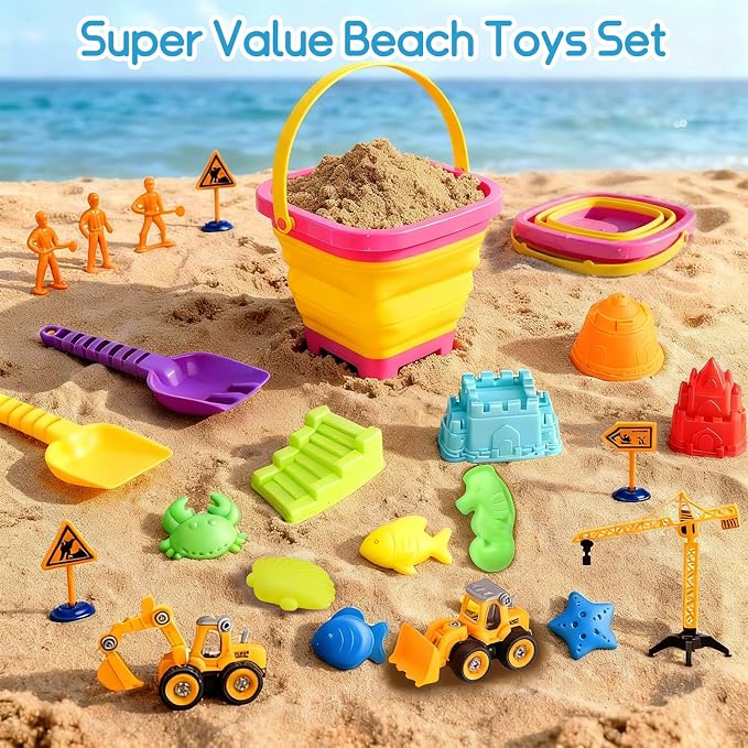 Beach Toys for Kids Ages 4-8: Construction Sand Toys Set with Collapsible Beach Bucket, Castle Molds & Trucks, Durable Beach Sand Play Kit for Boys & Girls