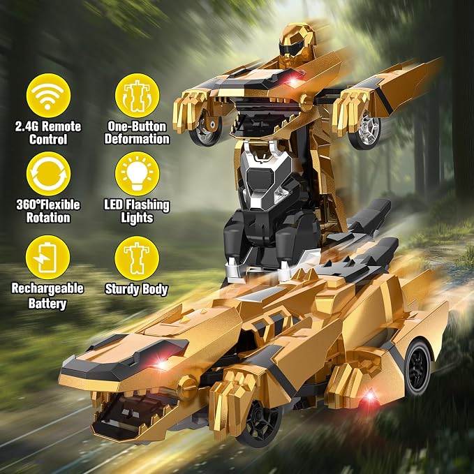 Kroyedfuw Dinosaur Transform Rc Cars, 2.4Ghz Remote Control Car Transforming Robot with Flashing Light, 360° Rotation One Button Deformation Car Toy Gifts for Boys Age 4-7 8-12
