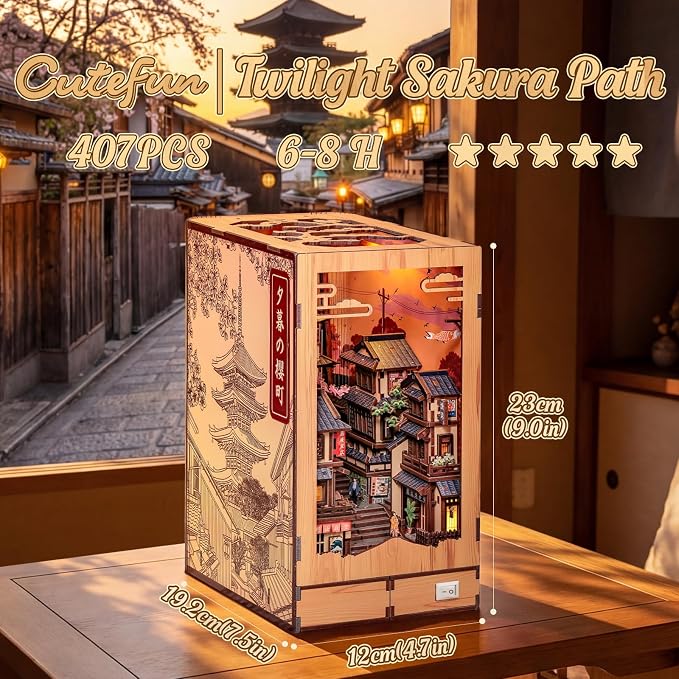 Cutefun Book Nook Kit - DIY Miniature Kyoto House Kit, 3D Wooden Puzzle 400+ Pcs Japanese Bookshelf Decor Bookend with LED, Fold-Out Cherry Blossom Alley Insert for Adults (Twilight Sakura Path)