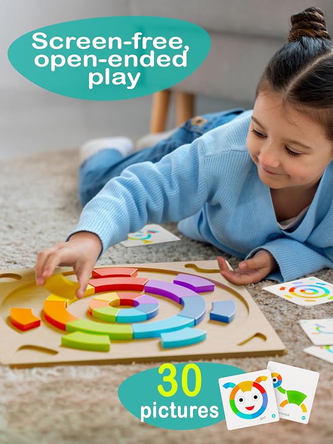Preschool learning activities Montessori toys – rainbow wooden pattern blocks tangrams color sorting stacking educational games for kids fine motor skills baby girls and boys for 3 4 5 years old (XL)