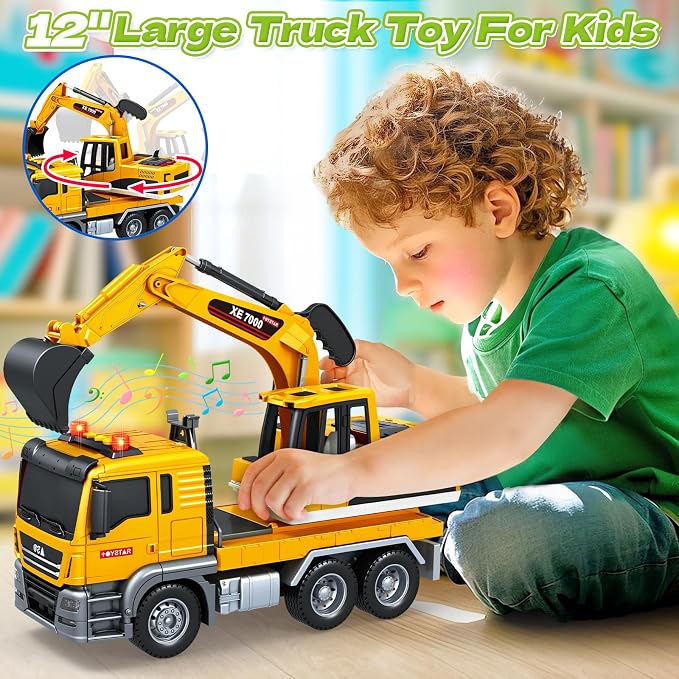 Bstoyder Kids Toys for 3 4 5 6 7 8 Years Old Boys, Large Excavator Truck Toy with Lights, Sounds, Toddler Friction Powered Truck Vehicle Toy for Boys Girls Christmas Birthday Gifts