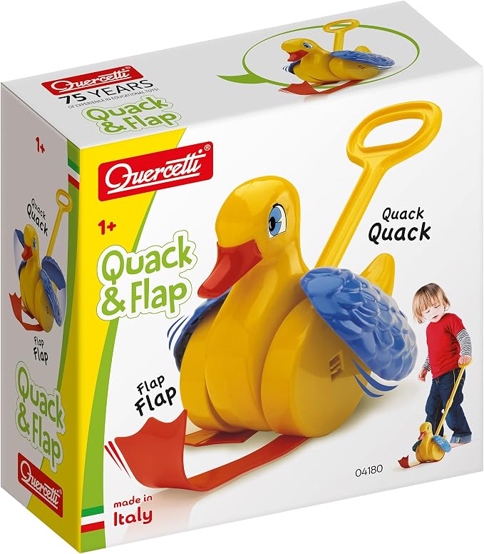 Quercetti Quack and Flap Duck Push Toy - Makes Sounds and Flaps Wings as it Rolls, Helps Toddlers Learn First Steps and Promotes Walking, for Kids Ages 1 - 3 Years , Yellow