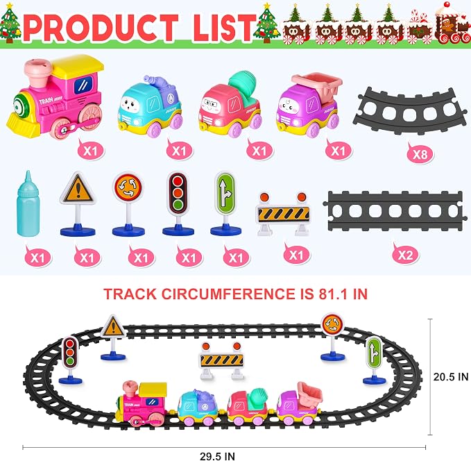 Funwee Steam Track Train Set for Toddlers, Magnetic Connection Train Toys w/Lights & Sounds, Electric Cartoon Choo Choo Train, Toy Train Christmas Birthday Gift for Toddlers 2 3 4 5+ Boy Girl (Pink)
