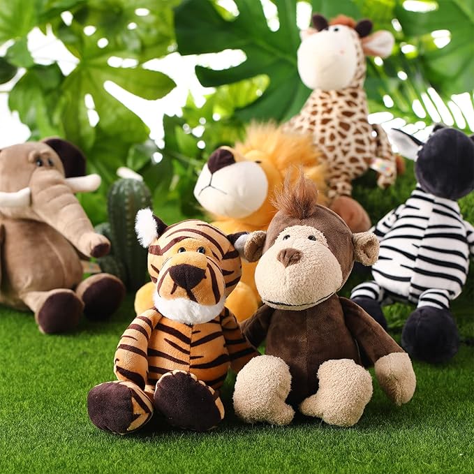 Zhanmai 6 Pieces Safari Stuffed Animals Plush Jungle Animal Toys Set for VBS 2026 Decorations Lion Elephant Zebra Giraffe Tiger Monkey for Boys Girls Birthday Animal Themed Parties