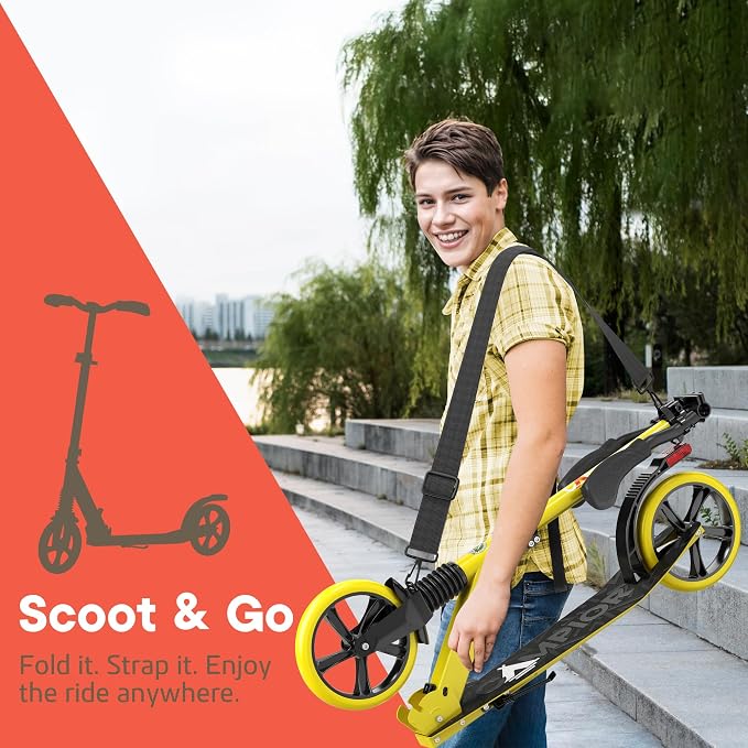 Campior Kick Scooter for Ages 6+, for Kids, Teens, and Adults, Max Load 240 LBS, Foldable, 8-inch Big Wheels for Kids and Adults, with Kickstand, 3 Adjustable Levels, Child Safety Approved, Yellow