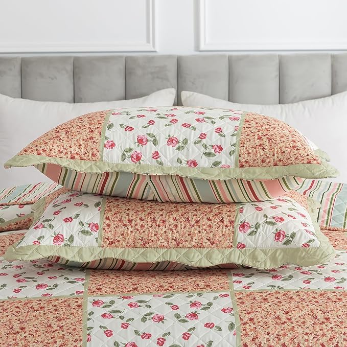 NEWLAKE Quilt Set Queen Size, Bedspread Sets Warm Orange Floral, Reversible Quilt Bedding Set Lightweight and Breathable for All Seasons, Soft Quilted Bedspread with 2 Pillow Shams