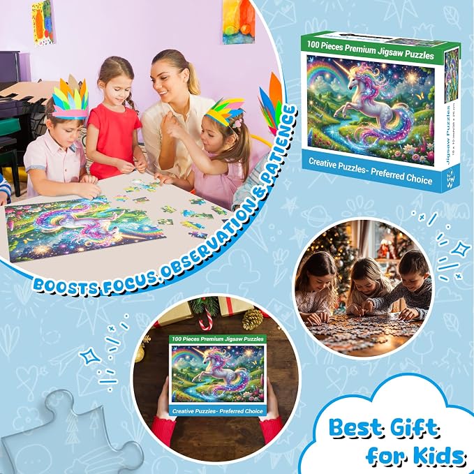 100 Piece Puzzles Rainbow Unicorn Puzzle for Kids Ages 6-8 8-10, 100 Piece Jigsaw Puzzle for Adults Toddler Children Learning Educational Puzzles Toys Birthday Gifts for Girls Boys