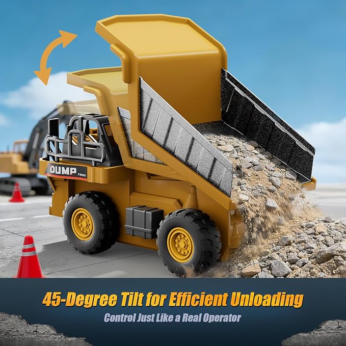 1:64 Mini Remote Control Dump Truck Toy, 2.4GHz RC Dump Truck with Metal Bed, LED Light & Music, Variable Speed, Type-C Charging, Includes 4 Road Barriers, Construction Vehicle Gift for Kids & Adults