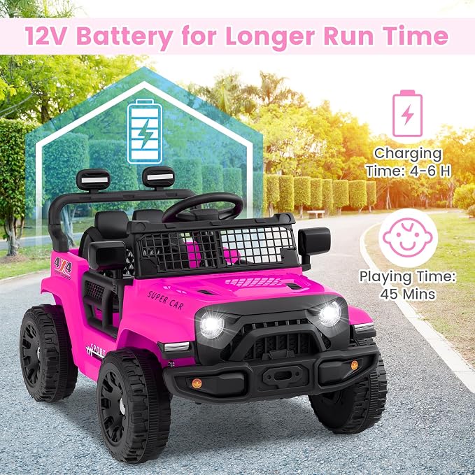 OLAKIDS 12V Ride On Truck, Battery Powered Electric Vehicle for Kids with Remote Control, Foldable Reflective Mirror, Spring Suspension, Music, LED Lights, Ride on Toy for 3+ Boys Girls (Pink)