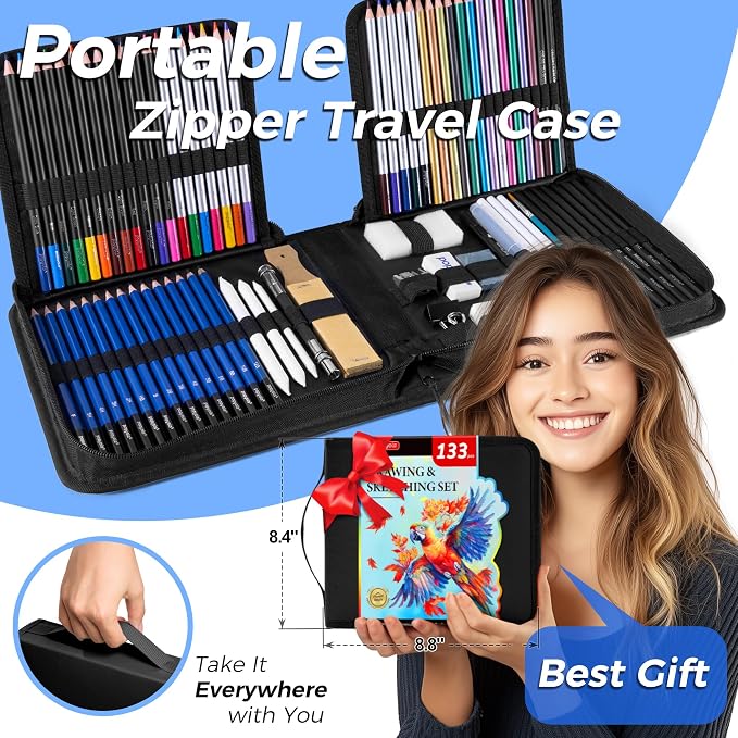 133 Pack Art Supplies Sketching Kit with Sketch Book, Coloring Book, Watercolor Pad, Black Paper Pad, Tutorial, Graphite Colored Charcoal Watercolor & Metallic Pencils for Artists Beginners Adults