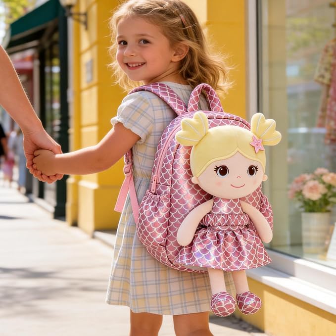 Lazada Toddler Backpack - Baby Girl Gifts Plush Doll Dress Backpack - Fashion Girls Tina Fish Scale Series - Pink11 Inches