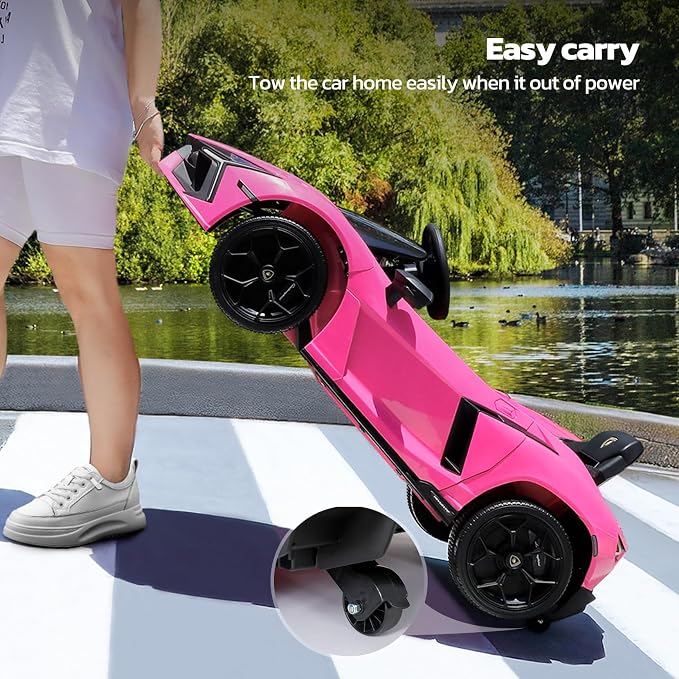 ELEMARA Licensed Lamborghini Car for Kids to Drive with Scissor Door,Toddler Ride on Toys with Remote Control,12V Battery Car for Kid with Bluetooth,MP3 Player,LED Light and Wide Seat, Hot Pink