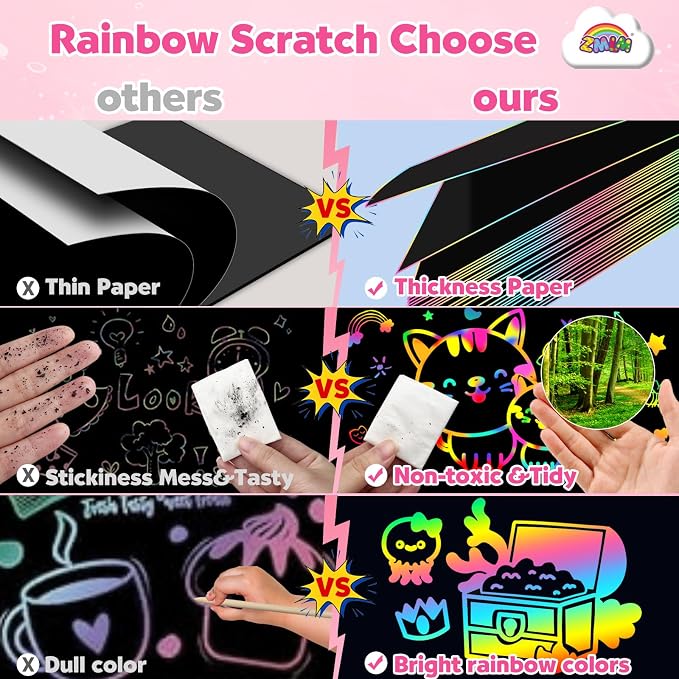 ZMLM Scratch Paper Art Craft: 2 Pack Rainbow Scratch Set for 3 4 5 6 7 8 9 10 Years Old Girls Boys Students Drawing Coloring Black Magic Art Supplies Kits Gifts School Birthday Party Toys (Mermaid)