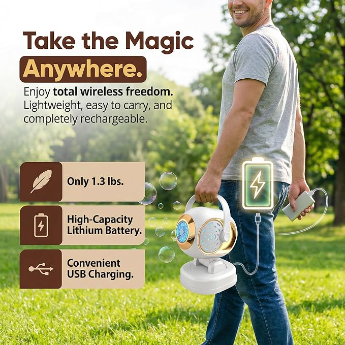 KYWYOYOU White Stage Bubble Machine for Wedding Parties, Rechargeable Maker | Automatic rotating blower with adjustable head for kids, toddlers & outdoor play. Includes 10 professional solution refills.