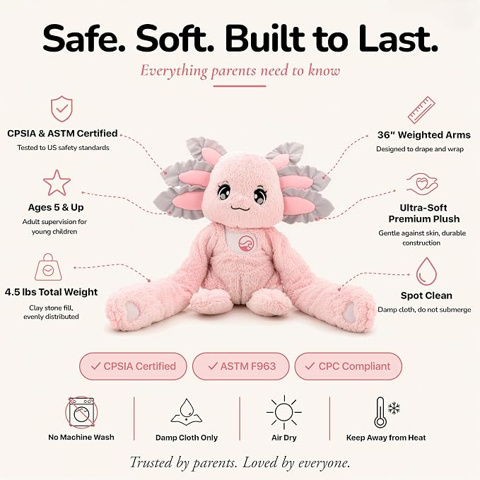 Huggle Healers Weighted Stuffed Animals for Adults, Teens and Kids - 36 Inch Long Plush Arms Pink Stuffed Animal for Hugs - 4.5lb Axolotl Plushies - Ula Axolotl