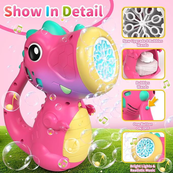 Bubble Machine Wand for Girls Boys Toy, Dinosaur Bubble Machine Maker Blower Toys with Light & Music, Toddler Outdoor Toys for 3 4 5 Year Old Boy Girl Toddler Birthday Gifts Bubble Solution - Red
