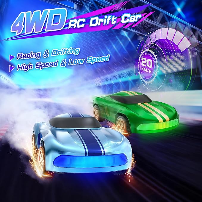 RC Drift Car, 1/64 Mini Drift RC Cars 4WD Micro Remote Control Car with LED Lights and Speed Switch, Ideal Birthday Cars Toys for Adults Kids Boys Age 6 7 8-12, Blue