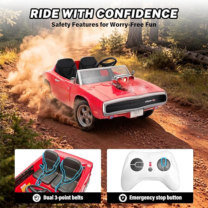 Licensed 1970 Dodge Charger 24V Ride on Toys for Big Kids, 2 Seater Ride on Car with Parent Remote Control, Dual 120W Motors, Bluetooth Music, LED Lights, Hood Supercharger with Mist, 5 MPH
