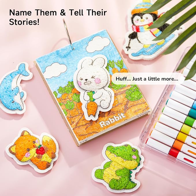 Shuttle Art 63 Pcs Magic Foam Texture Painting Kit Animal Series: 15 Animal Foam Pieces, Coloring Book with 15 Scenes, 12 Acrylic Paint Markers, Magical 3D Effect DIY Art Craft
