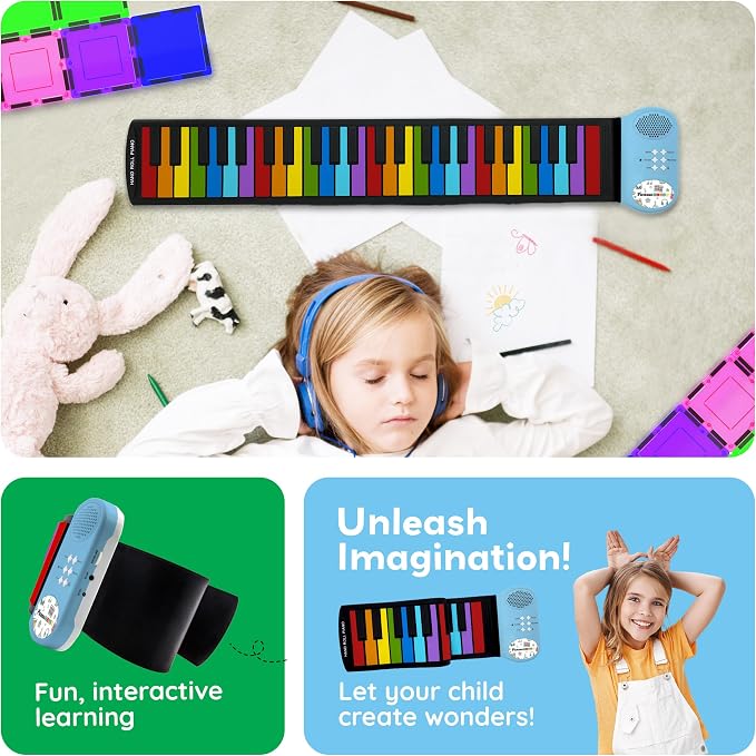 PicassoTiles Electronic Piano 49Key Flexible Roll-Up Keyboard with Recording Feature 8 Tones 6 Demo Songs Built-in Speaker Educational Music Toy for Kids Toddlers Boys Girls Rainbow Color Design PT49