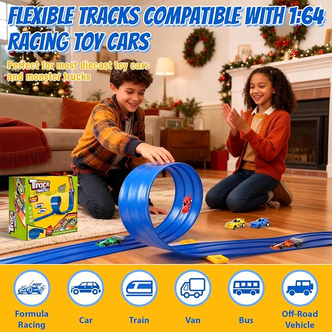 20 Ft Flexible Race Track Toys, 3-Lane Flex Race Car Ramp Track with 6 Race Cars & Suction Cups Rolls Up Portable DIY Race Track Anti Gravity Car Track Set,Kids Racecar Track Toy(Blue)