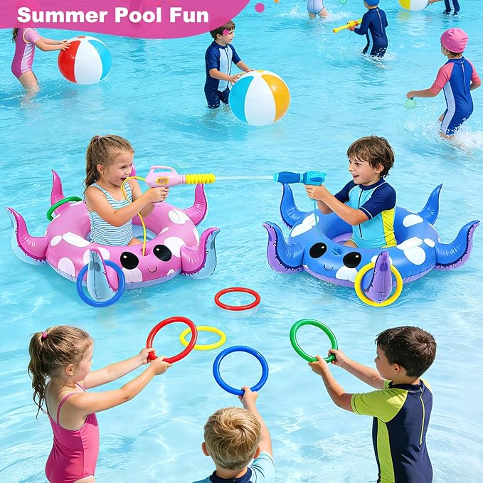 2 Pack Octopus Kids Pool Floats with Water Gun & Ring Toss Game, Summer Swimming Inflatable Pool Toys for Kids Ages 3-8, Outdoor Beach Water Play Gifts for Toddlers (Blue & Pink)