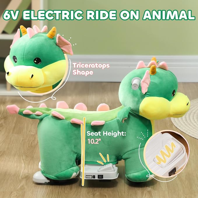 Qaba 6V Kids Ride on Horse, Battery Powered Ride on Toy, Triceratops Shaped Electric Riding Animal with Music, Soft Touch, PU Wheels, Foot Pedal, Forward, for Girls Boys Aged 18-36 Months, Green