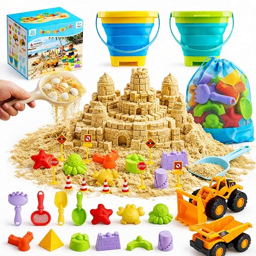 30PCS Beach Toys for Kids Ages 3-10, All-in-One Sand Toy Set with 2 Collapsible Buckets, Mesh Bag for Easy Packing, Trucks, Sea Animal Molds, Shovels & Sieves for Beach, Sandbox & Snow Play