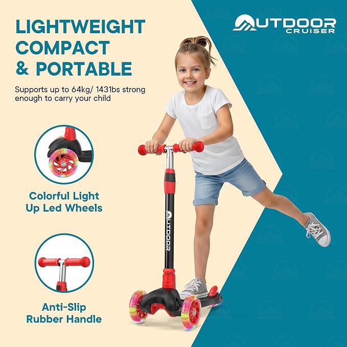 Outdoor Cruiser 3-Wheel Kids Scooter – with Lean-to-Steer Technology, Led Lighted Wheel, 4-Level Adjustable Height T-bar Handle, Support Kids Up to 150 Lbs, for Boys & Girls Ages 3-8, Black and Red
