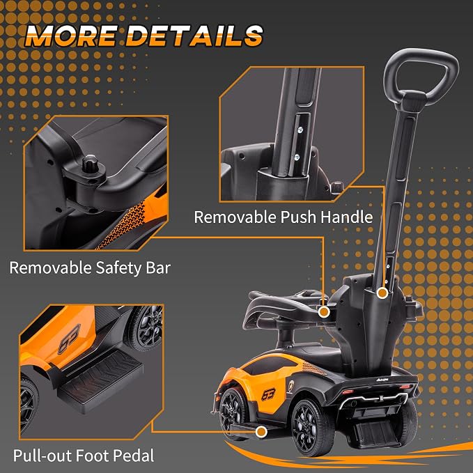 Aosom 2-in-1 Ride On Push Car for Toddlers 1-3, Licensed Lamborghini Stroller Sliding Car, Push-Along with Under Seat Storage Horn Engine Sound and Steering Wheel, Manual, Orange