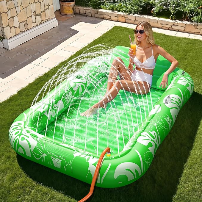 Inflatable Tanning Pool Lounger Float with Sprinkler, 77" x 48" Pool Floats Adult with Pillow, 6 in 1 Suntan Tub Raft Floatie with Drink Holder Sunbathing Water Lounge