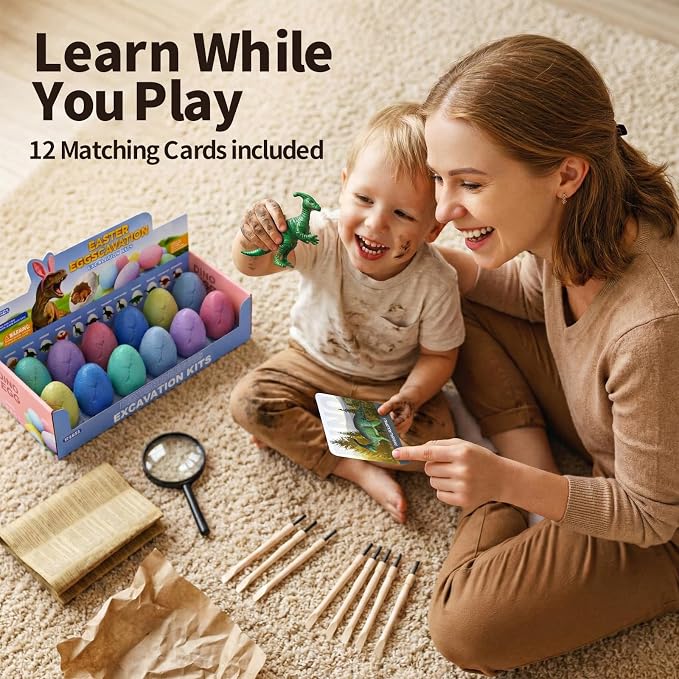 12 Pack Colorful Dinosaur Eggs Excavation Kit with Learning Cards - Dino Dig STEM Science Toy for Kids - Easter Basket Stuffers, Party Favors Birthday Gifts Classroom Activities for Boys Girls Age 3+