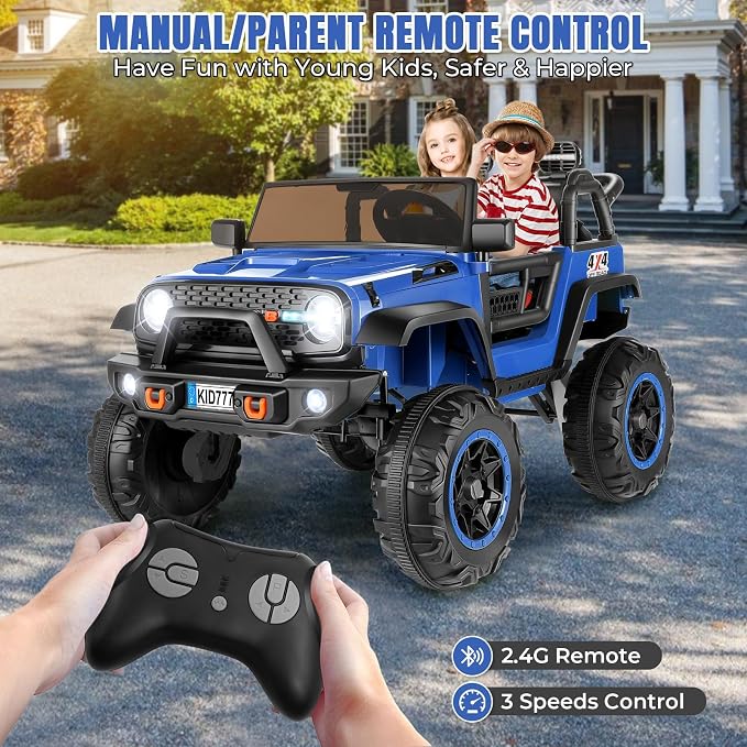 Hikole 24V Ride-on Car for Big Kids, 2 Seater Kids Ride Off-Road Car with Remote Control, Switchable 2WD/4WD, Extra Large 20" Seats, Spring Suspension, Music, 5.9MPH - Blue
