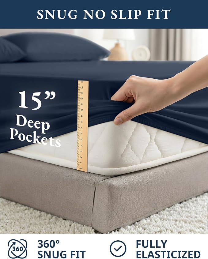 LANE LINEN King Sheet Set 100% Organic Cotton Cooling Soft 4pc - Navy | King Sheet Set, Organic Cotton Percale - Crisp, Cool & Breathable, For Hot Sleepers, All-Season Comfort, For Master Bedrooms