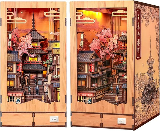 Cutefun Book Nook Kit - DIY Miniature Kyoto House Kit, 3D Wooden Puzzle 400+ Pcs Japanese Bookshelf Decor Bookend with LED, Fold-Out Cherry Blossom Alley Insert for Adults (Twilight Sakura Path)