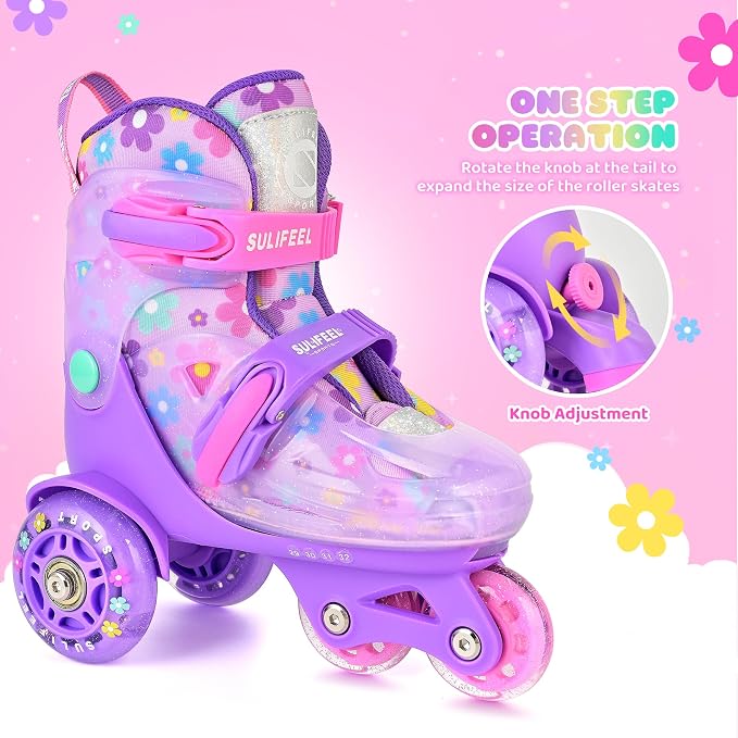 SULIFEEL Adjustable Roller Skates for Girls Boys Kids,Fun Illuminating Light Up Flash Wheels Three-Point Type Balance Suitable for Beginners Indoor Roller Skating