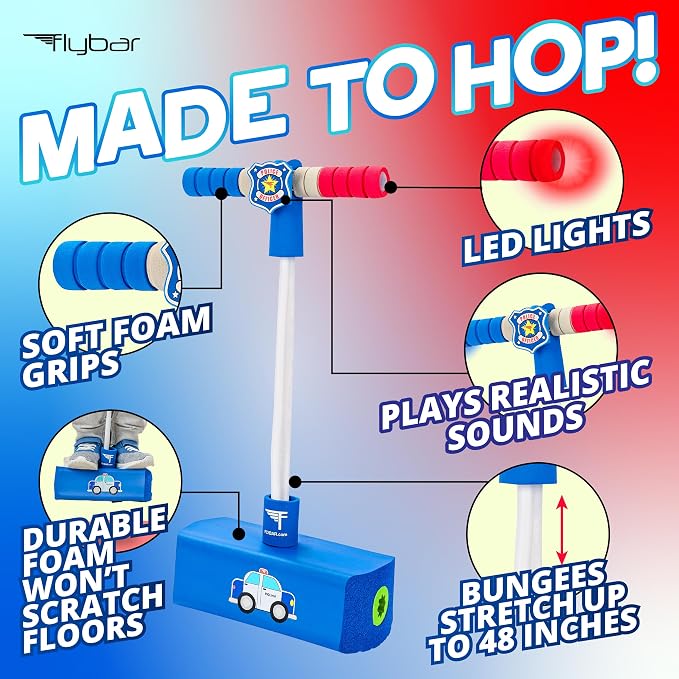 Flybar My First Foam Pogo Jumper for Kids Fun and Safe Pogo Stick for Toddlers, Durable Foam and Bungee Jumper for Ages 3 and up, Supports up to 250lbs (Blue Police)