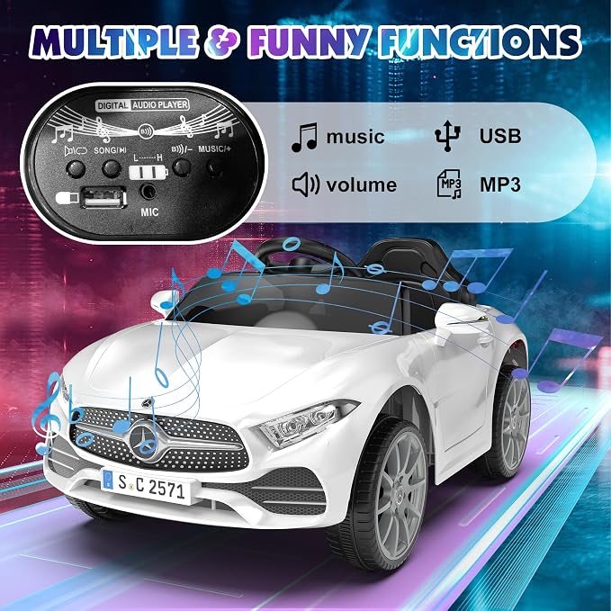 Battery Powered Electric Car Ride On Vehicle Double Doors, Safety Belt,LED Light (SC-White)