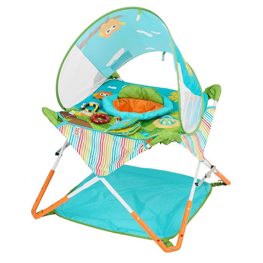 Bright Starts Pop 'N Jump Portable Baby Jumper, Foldable Indoor/Outdoor Baby Jumper with Owl Forest Sensory Activities, Ages 6–12 Months