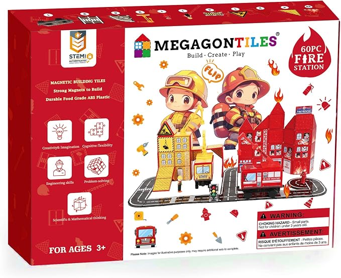 MEGAGONTILES Fire Station Magnetic Tiles Set 60PCS | STEM Magnetic Building Blocks with Fire Trucks & Cranes | Educational Construction Toy for Kids Ages 3–8 | Compatible with All Tile Brands