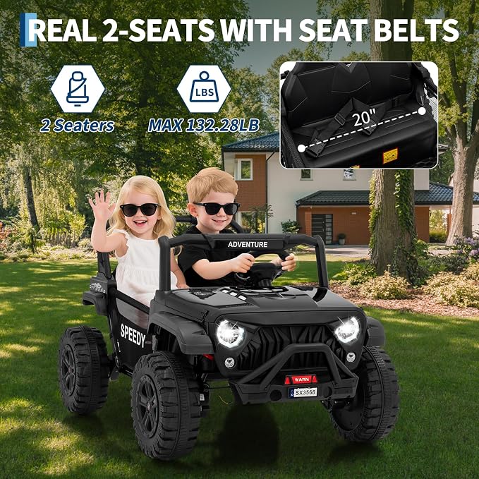 Powerful 24V Ride on Car for Kids, Ride on Truck with Remote Control - 4WD Electric Car, 2 Seater UTV, Spring Suspension, Front & Behind LED Lights, Dual Storage, 3 Speeds, Music,