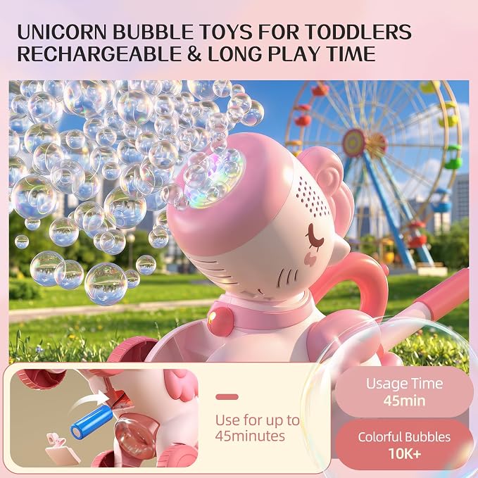 Bubble Machine for 2 3 4 5 6 Year Old Toddler Girl, Portable Unicorn Toys Bubble Maker, Bubble Lawn Mover Outdoor Toys W/Light, Birthday Gift for Toddler Girls Ages 2-4