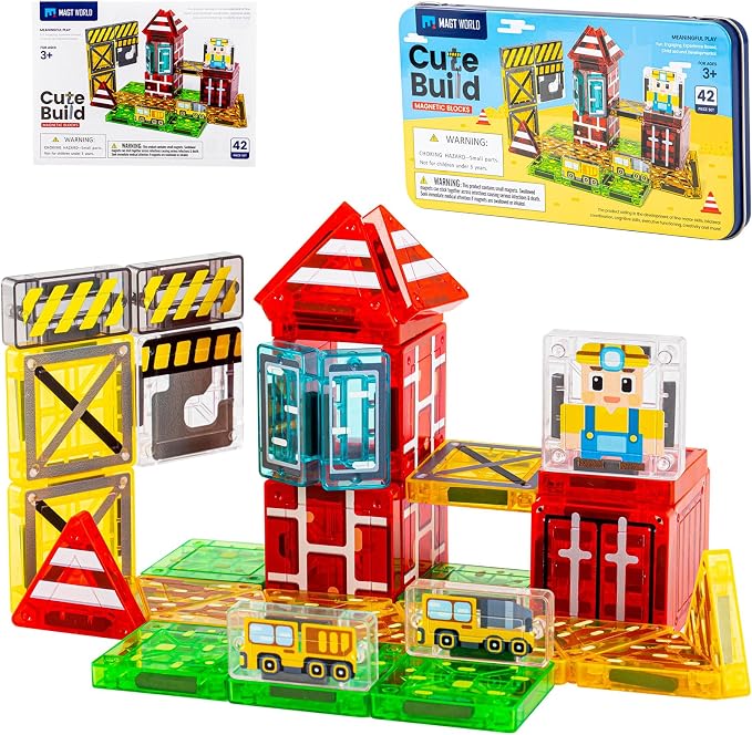 42PCS Mini Construction Magnetic Tiles Travel Set, Portable STEM Blocks with Metal Case, Montessori Educational Sensory Gifts for 3–5 Year-Old Boys